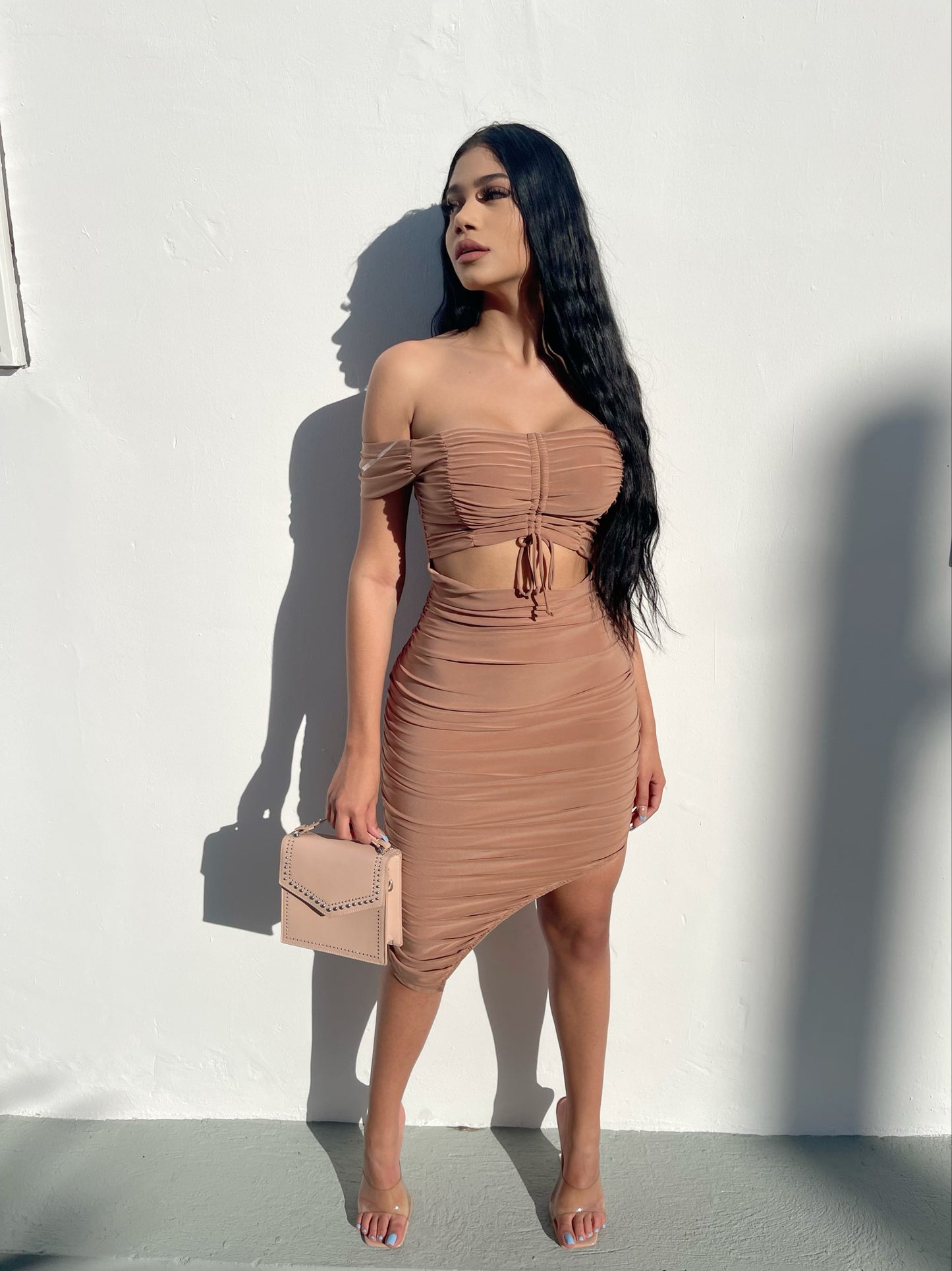 Off shoulder Front Midi Dress