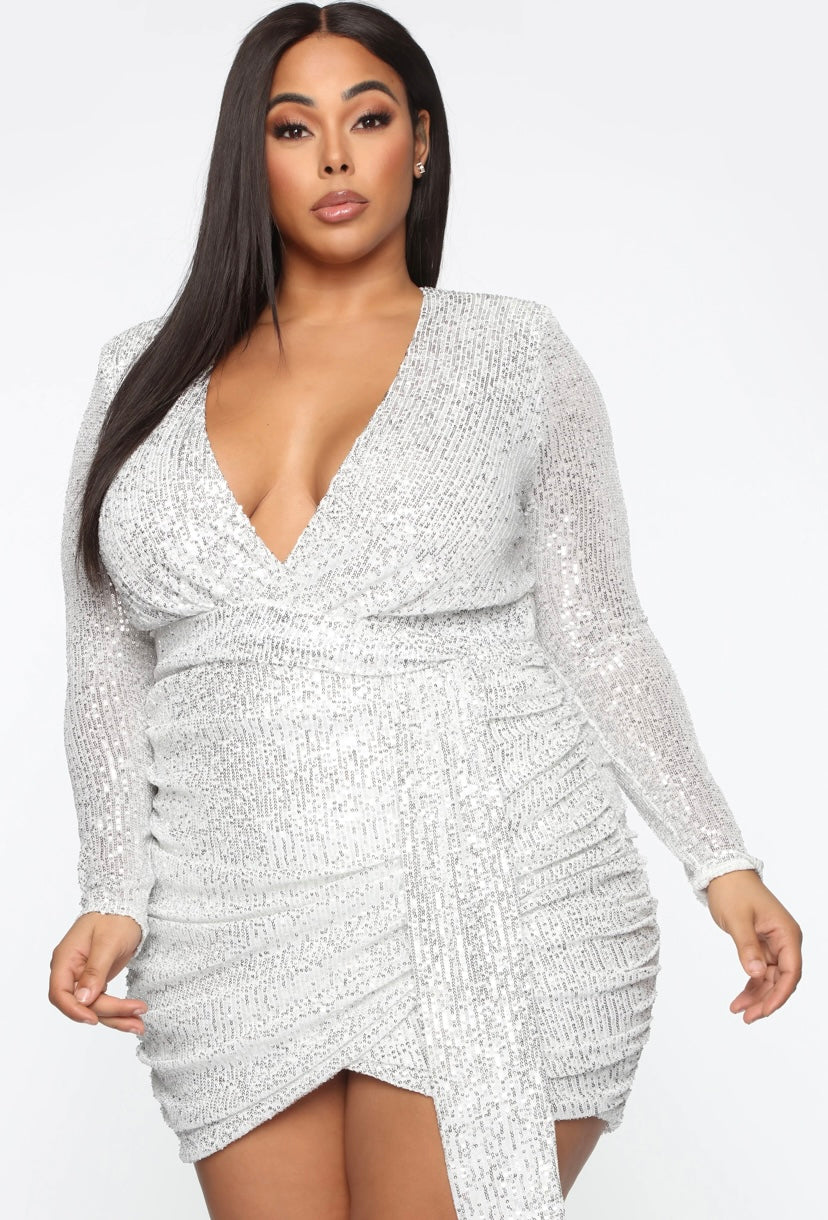 Center Stage Sequin Mini Dress-White/Silver