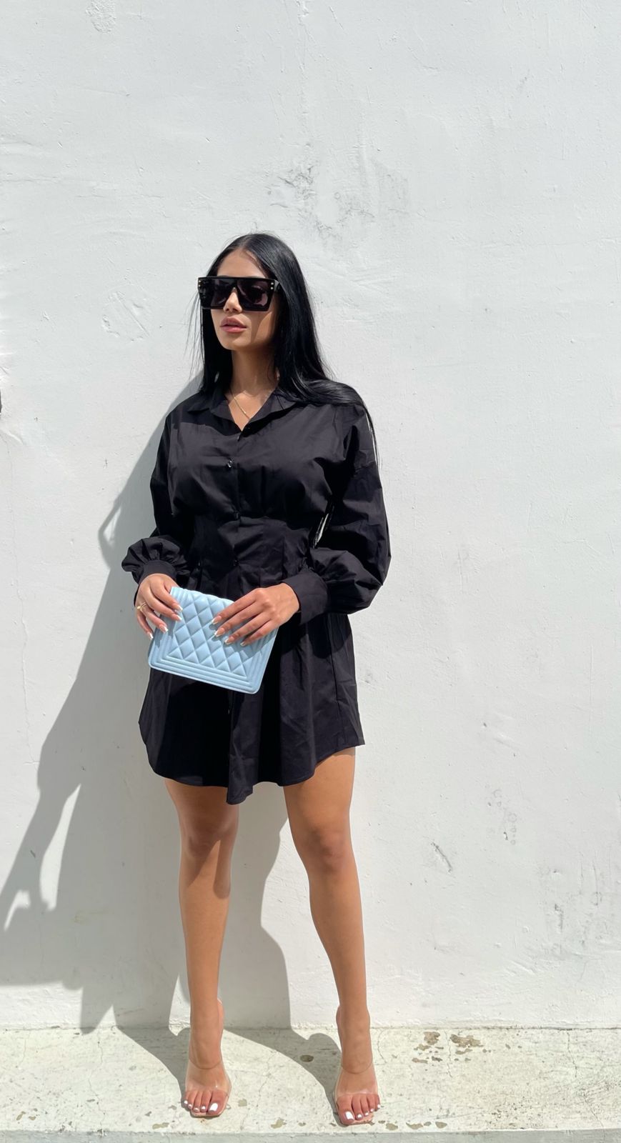 Cotton long sleeve shirt dress black