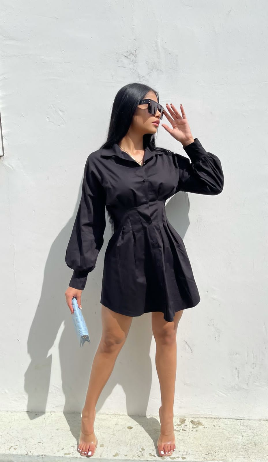 Cotton long sleeve shirt dress black